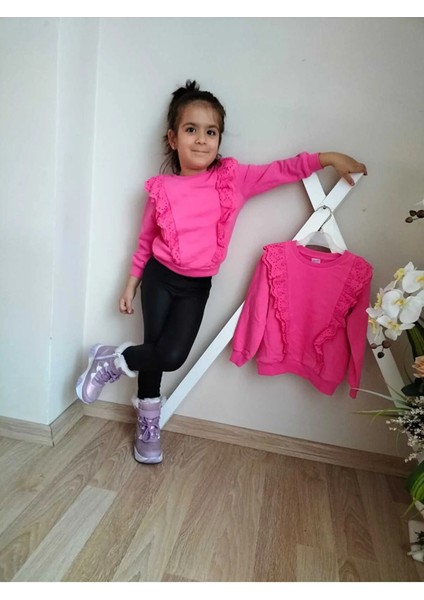 Pembe Düz Kız Çocuk %100 Pamuk Ön Fırfır Detaylı Sweatshirt