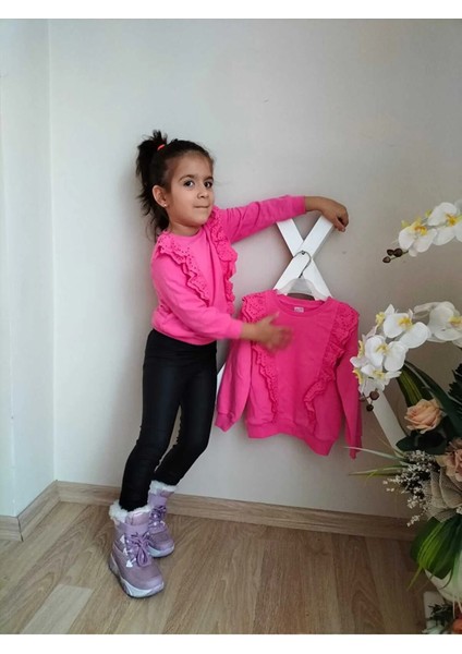 Pembe Düz Kız Çocuk %100 Pamuk Ön Fırfır Detaylı Sweatshirt fiyatları