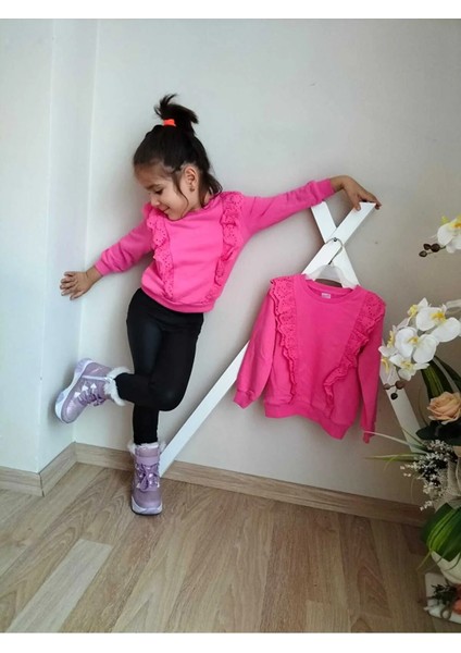 Pembe Düz Kız Çocuk %100 Pamuk Ön Fırfır Detaylı Sweatshirt modelleri