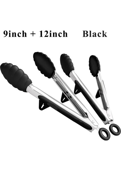 9 12 Inç-Siyah Tarzı Silikon Barbekü Izgara Maşası Salata Ekmek Servis Maşası Yapışmaz Mutfak Barbekü Izgarası Ortak Kilitli ve Standlı Pişirme Maşası (Yurt Dışından)