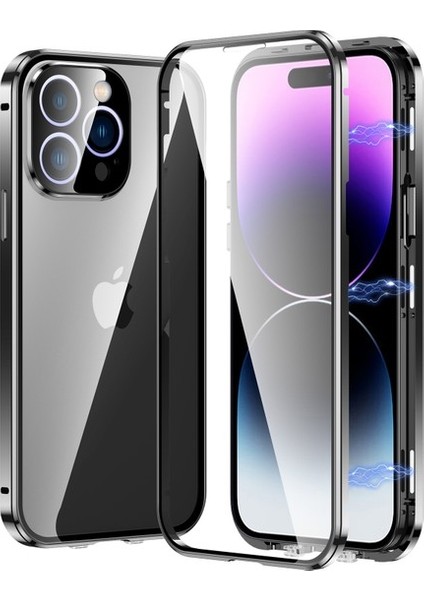 iPhone 15 Pro Max Çift Taraflı Temperli Cam + Metal Çerçeve Kılıf Manyetik Telefon Kapağı (Yurt Dışından)