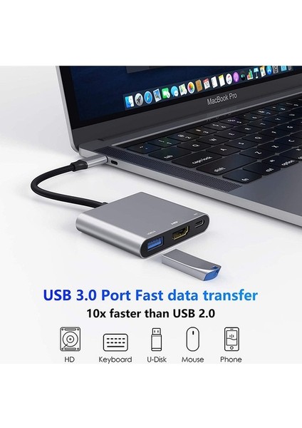 3'ü 1 Arada USB C Hub, 4K USB 3.0 Tip-C'den HDMI Uyumlu Hub Adaptörüne MacBook Pro Huawei Için Çok Bağlantı Noktalı Pd Şarj Istasyonu (Yurt Dışından)