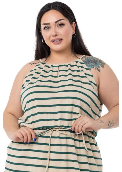 Büyük Beden Beli Lastikli Zümrüt Çizgili Uzun Elbise fiyatları