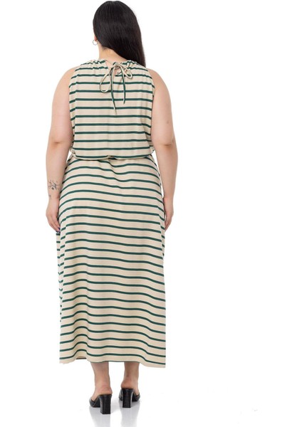 Büyük Beden Beli Lastikli Zümrüt Çizgili Uzun Elbise modelleri
