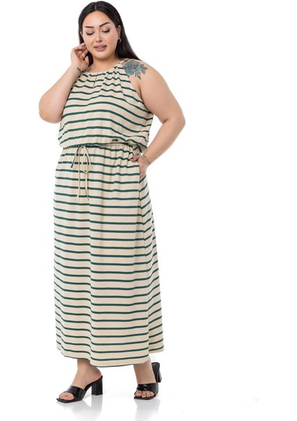 Büyük Beden Beli Lastikli Zümrüt Çizgili Uzun Elbise fırsatları