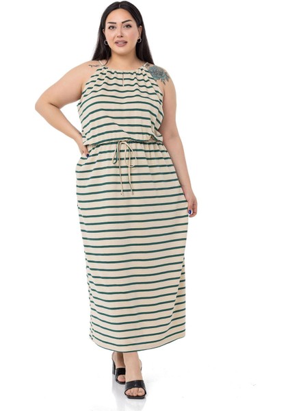 Büyük Beden Beli Lastikli Zümrüt Çizgili Uzun Elbise indirimleri