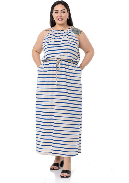 Büyük Beden Beli Lastikli Saks Çizgili Uzun Elbise