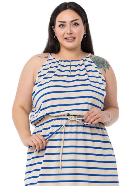 Büyük Beden Beli Lastikli Saks Çizgili Uzun Elbise fiyatları