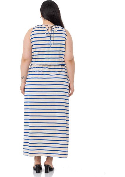 Büyük Beden Beli Lastikli Saks Çizgili Uzun Elbise modelleri