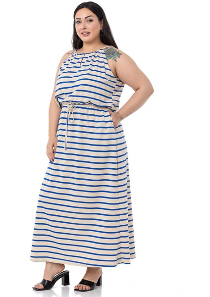 Büyük Beden Beli Lastikli Saks Çizgili Uzun Elbise fırsatları