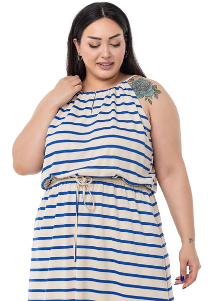 Büyük Beden Beli Lastikli Saks Çizgili Uzun Elbise indirimleri