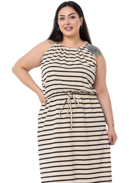 Büyük Beden Beli Lastikli Siyah Çizgili Uzun Elbise fiyatları