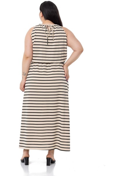 Büyük Beden Beli Lastikli Siyah Çizgili Uzun Elbise modelleri