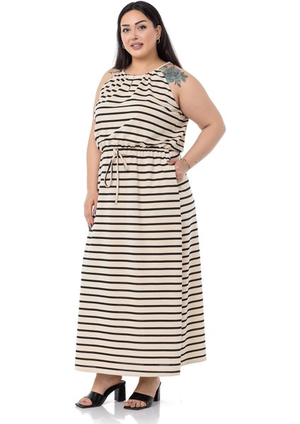 Büyük Beden Beli Lastikli Siyah Çizgili Uzun Elbise fırsatları