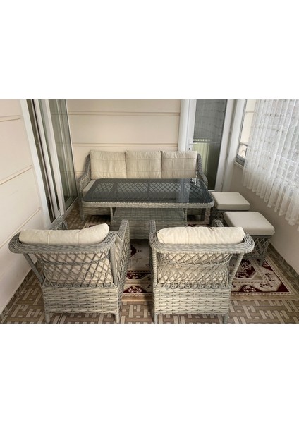 Tu Tienda PETRA Rattan 3+1+1+2puf+Masa Rattan Bahçe Balkon Mobilyası,VİZON