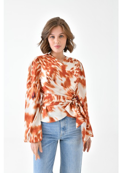 Kadın Leopar Desenli Bluz Orange 30734