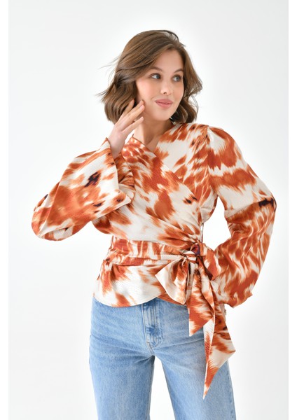 Kadın Leopar Desenli Bluz Orange 30734 modelleri