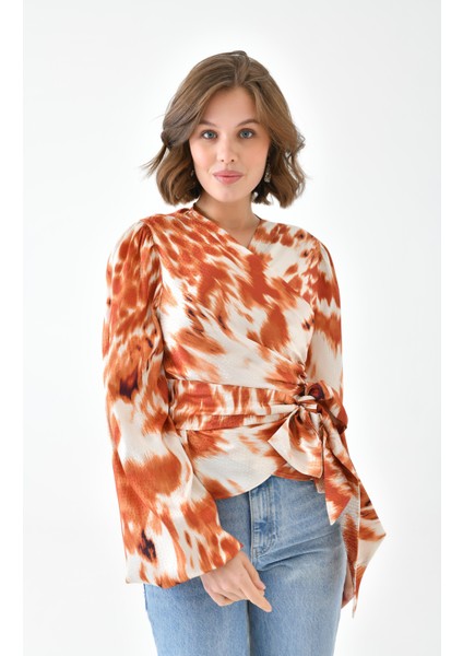 Kadın Leopar Desenli Bluz Orange 30734 fırsatları