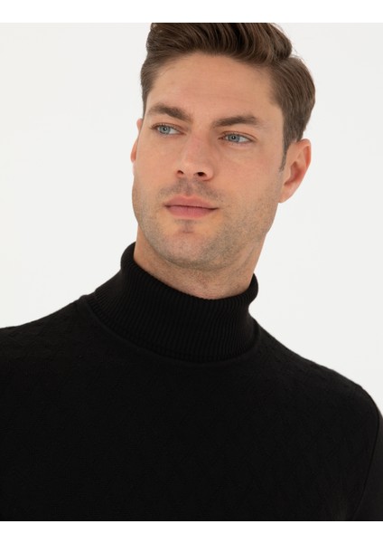 Erkek Siyah Slim Fit Balıkçı Yaka Triko Kazak 50278094-VR046