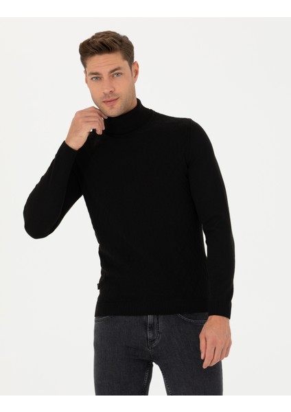 Erkek Siyah Slim Fit Balıkçı Yaka Triko Kazak 50278094-VR046