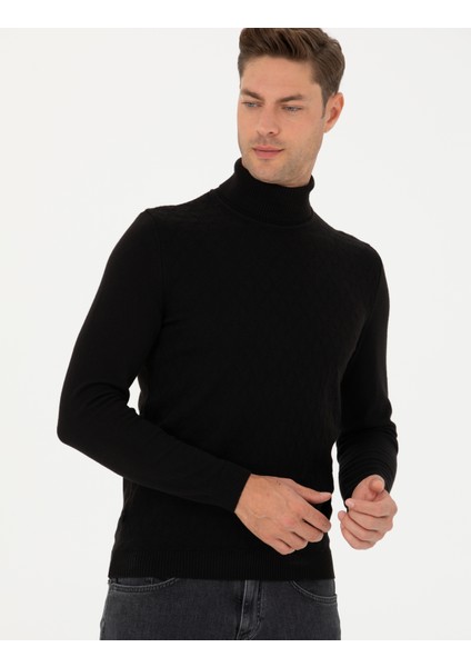 Erkek Siyah Slim Fit Balıkçı Yaka Triko Kazak 50278094-VR046