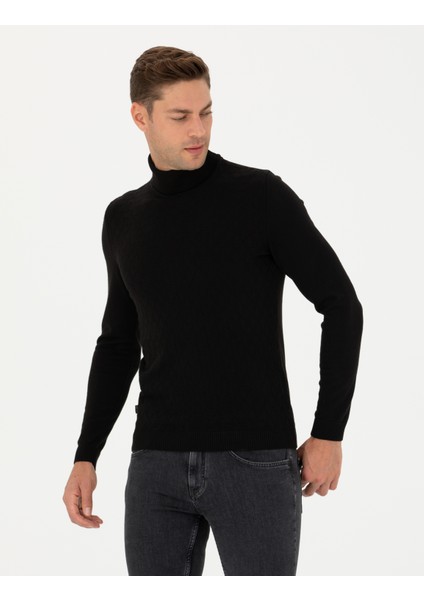 Erkek Siyah Slim Fit Balıkçı Yaka Triko Kazak 50278094-VR046