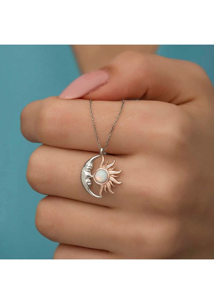 925 Ayar Gümüş Opal Beyaz Taşlı Ay Güneş Kadın Kolye modelleri