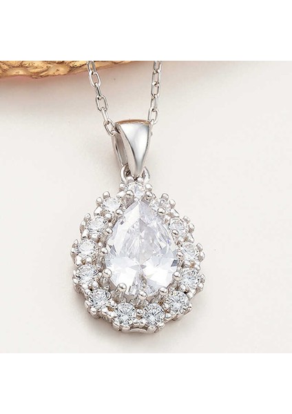 925 Ayar Gümüş Damla Zirkon Taşlı Kadın Kolye