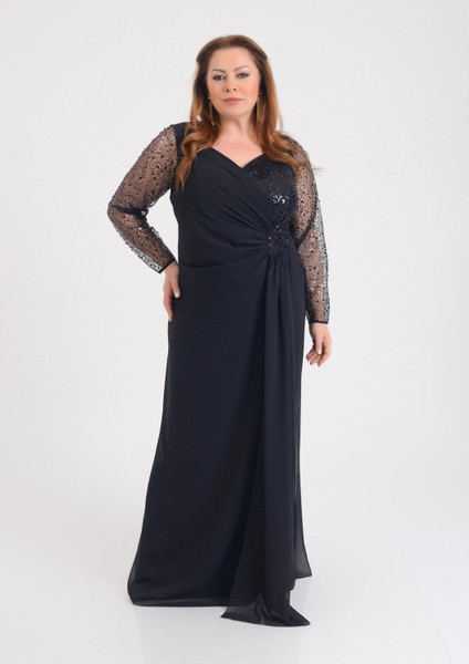 Büyük Beden Siyah Renkli Şifon Uzun Abiye Elbise