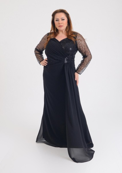 Büyük Beden Siyah Renkli Şifon Uzun Abiye Elbise fiyatları