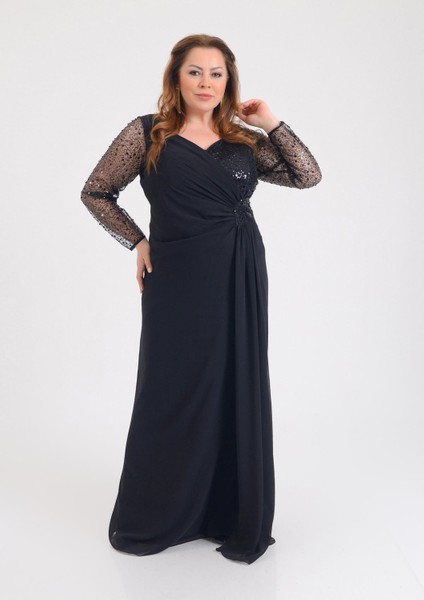 Büyük Beden Siyah Renkli Şifon Uzun Abiye Elbise modelleri