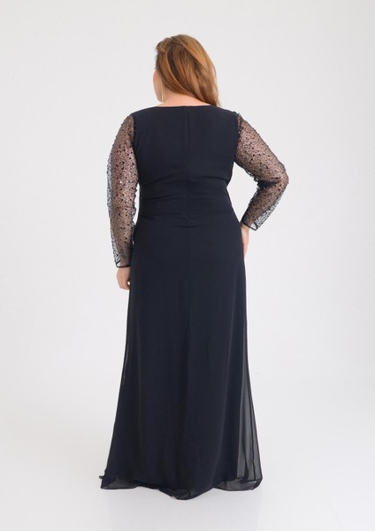 Büyük Beden Siyah Renkli Şifon Uzun Abiye Elbise fırsatları