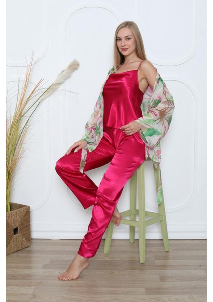 3111 Kadın Fuşya Şifon Gömlek Sabahlıklı Ip Askılı Degaje Yaka 3 Lü Saten Pijama Takımı