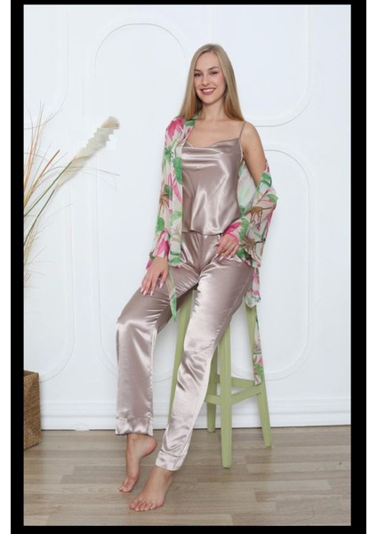 3111 Kadın Vizon Şifon Gömlek Sabahlıklı Ip Askılı Degaje Yaka 3 Lü Saten Pijama Takımı