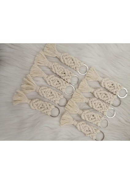 Hediyelik Makrome Anahtarlık 10LU Set Renk Ekru Krem