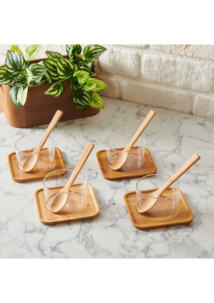 Bambu Tabaklı Cam Kase Seti - 8 cm
