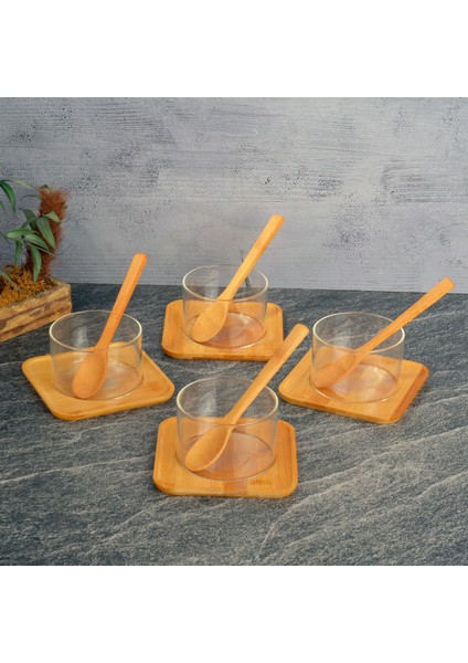Bambu Tabaklı Cam Kase Seti - 8 cm