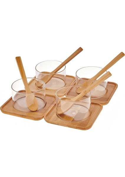 Bambu Tabaklı Cam Kase Seti - 8 cm