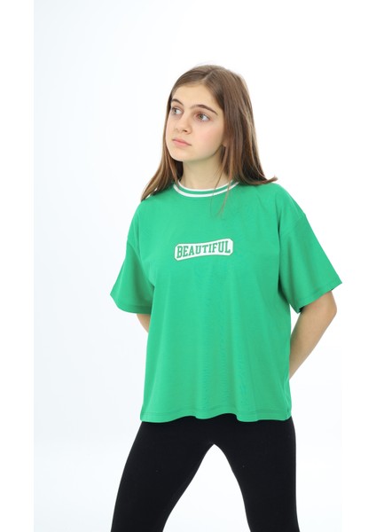 Angelos Girls Kız Çocuk Yaka Ribanalı Yazı Baskılı T-Shirt 9-14 Yaş LX5020