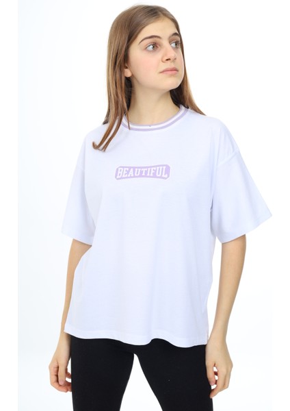 Angelos Girls Kız Çocuk Yaka Ribanalı Yazı Baskılı T-Shirt 9-14 Yaş LX5020