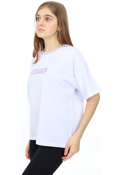 Angelos Girls Kız Çocuk Yaka Ribanalı Yazı Baskılı T-Shirt 9-14 Yaş LX5020