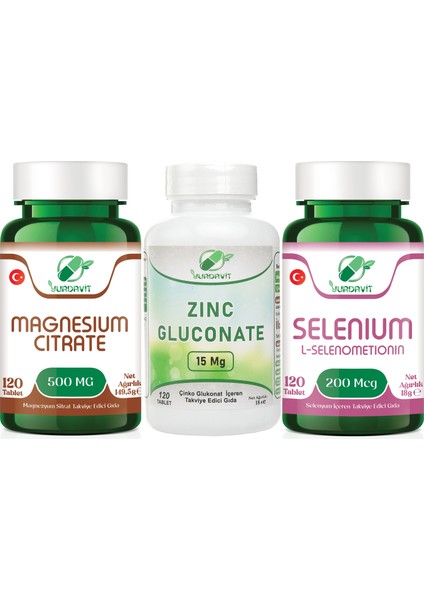 Set 120 Tablet Magnezyum Sitrat 500 Mg Çinko Glukonat 15 Mg Selenyum 200 Mcg Ücretsiz Kargo