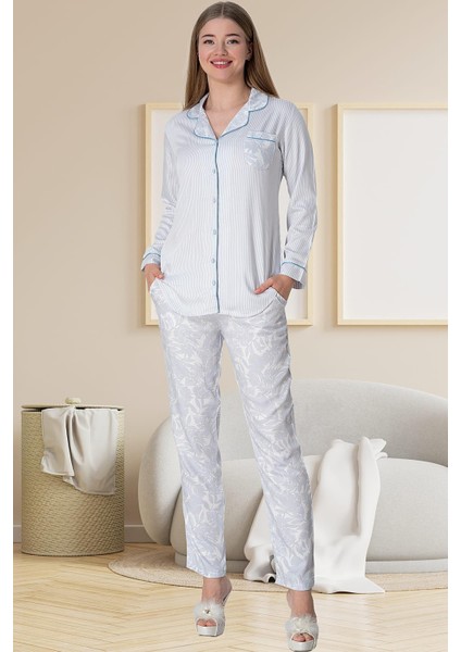 Mecit 5143 Mavi Boydan Düğmeli Kadın Pijama Takımı