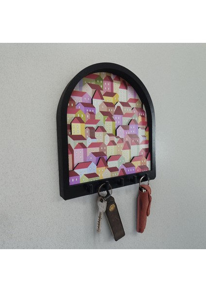 Dekoratif Rengarenk Kat Kat Evler Boyutlu Anahtar Askısı Anahtarlık Dekor