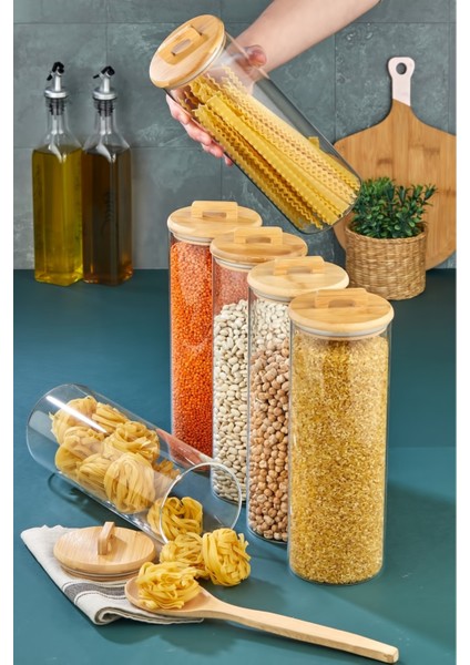 Bambu Yuvarlak Kapaklı Vakumlu Borosilikat 29.5 cm 6 Adet Cam Kavanoz Cam Erzak Saklama Kabı