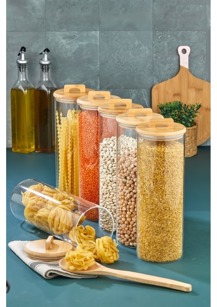 Bambu Yuvarlak Kapaklı Vakumlu Borosilikat 29.5 cm 6 Adet Cam Kavanoz Cam Erzak Saklama Kabı modelleri