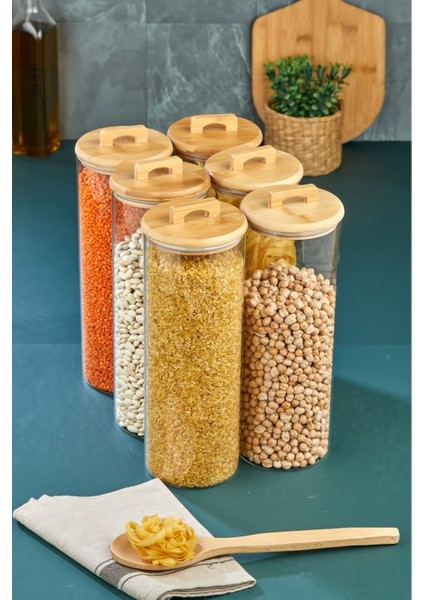 Bambu Yuvarlak Kapaklı Vakumlu Borosilikat 29.5 cm 6 Adet Cam Kavanoz Cam Erzak Saklama Kabı fırsatları