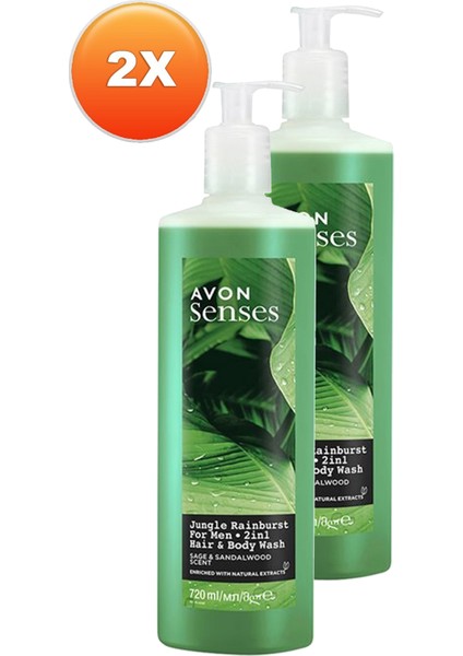 Senses Jungle Rainburst Adaçayı ve Sandal Ağacı Kokulu Erkek Saç ve Vücut Şampuanı 720 Ml. Ikili Set