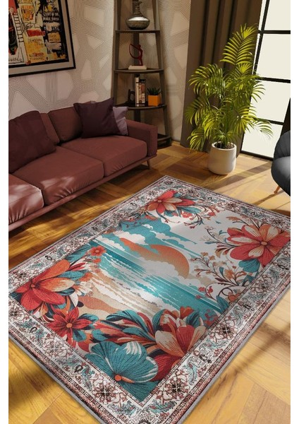 Günbatımı Temalı Salon Halısı Geometrik Desenli Çok Renkli Etnik Oturma Odası Halısı