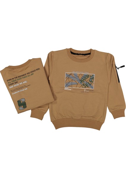 Erkek Çocuk Baskılı Collage Açık Kahve Sweatshirt